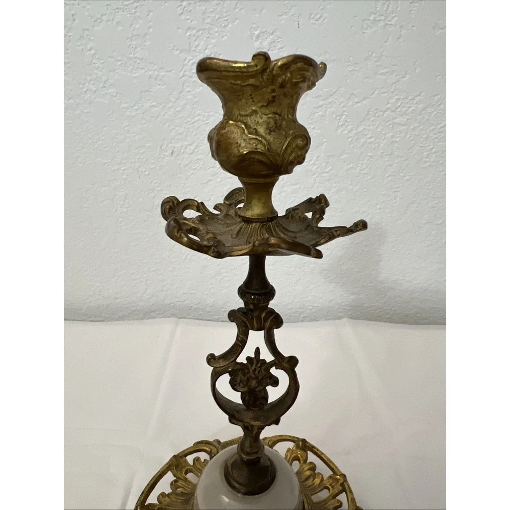 Antique Rococo Gilt Copper Bronze Floral Ornate Scrolled Candlestick Marble‎